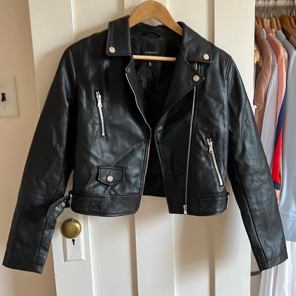 black vegan leather cropped moto jacket with silver hardware
